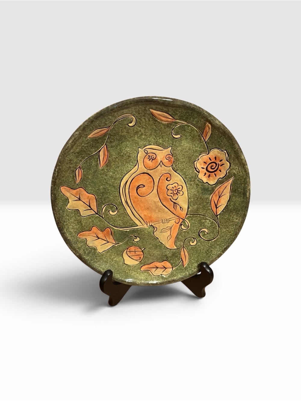 Certified International Green and Orange Owl Decorative Plate